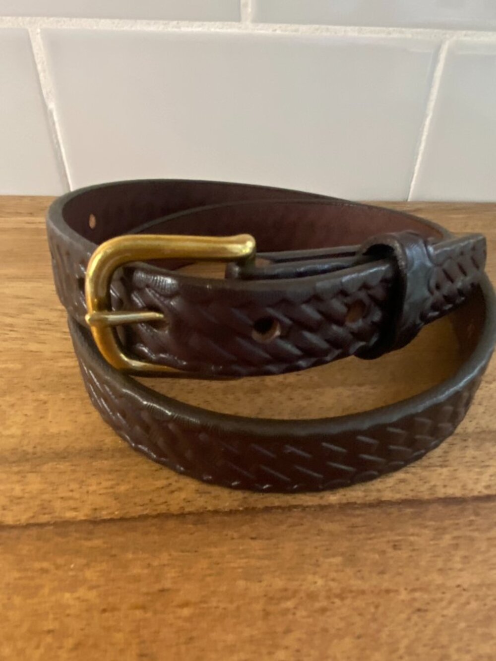 Boston Leather Belt Size 32 Basketweave Brown Brass Buckle FS721B USA